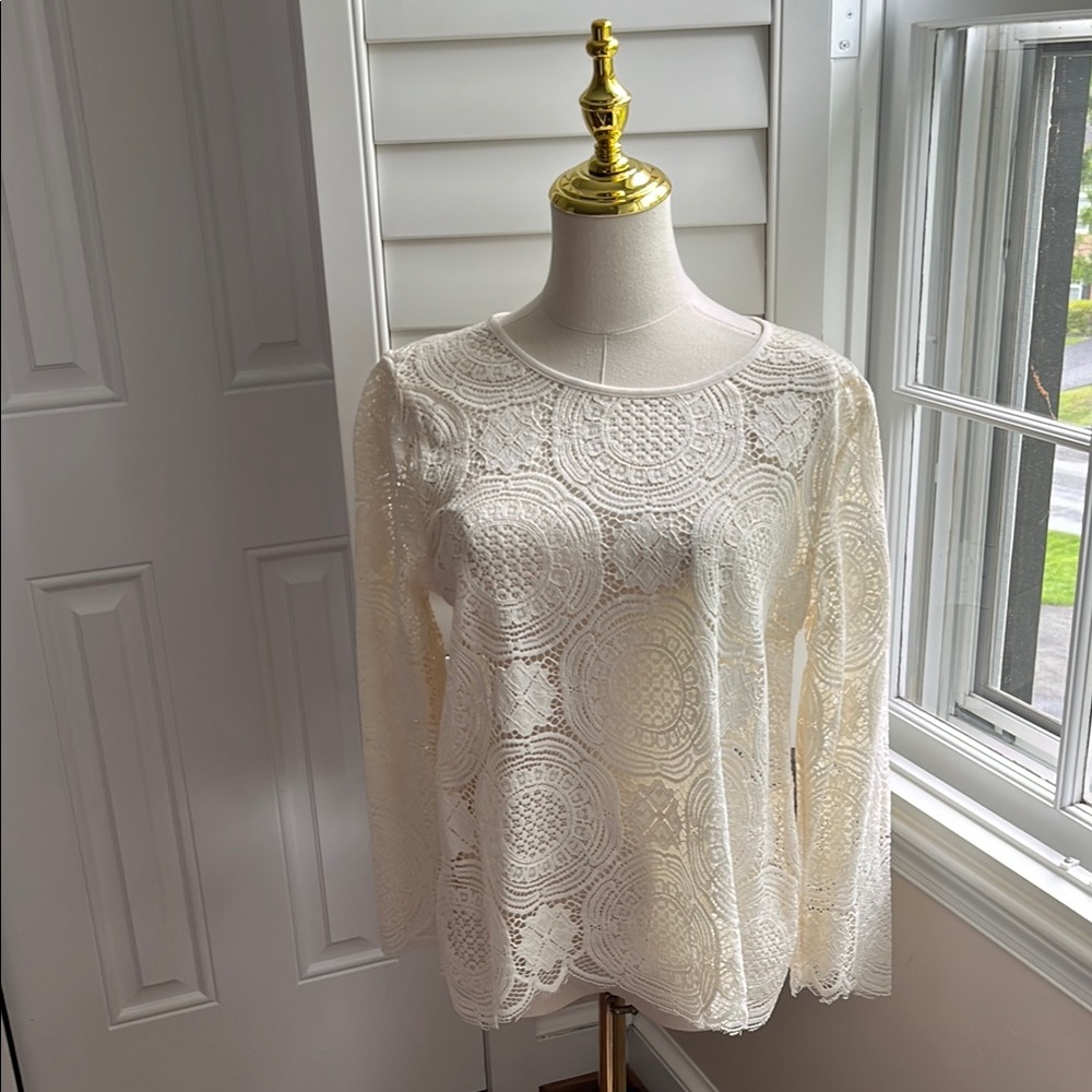 LOFT Cream Lace Blouse with Long Sleeves